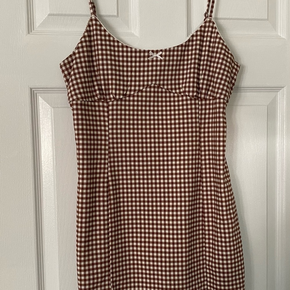 Brown Gingham Spaghetti Strap Mini Dress